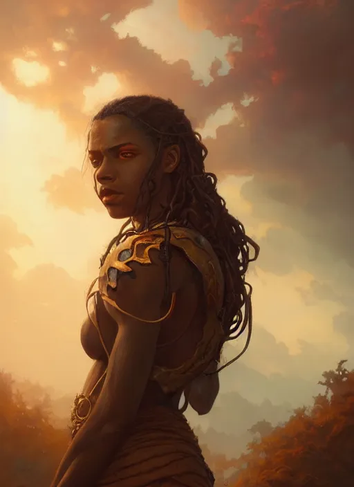 Image similar to highly detailed portrait of protagonist from elden ring, brown skin, adventure game, d & d, fantasy art by greg rutkowski, stanley artgerm, loish, rhads, tom bagshaw, global illumination, radiant light, detailed and intricate environment