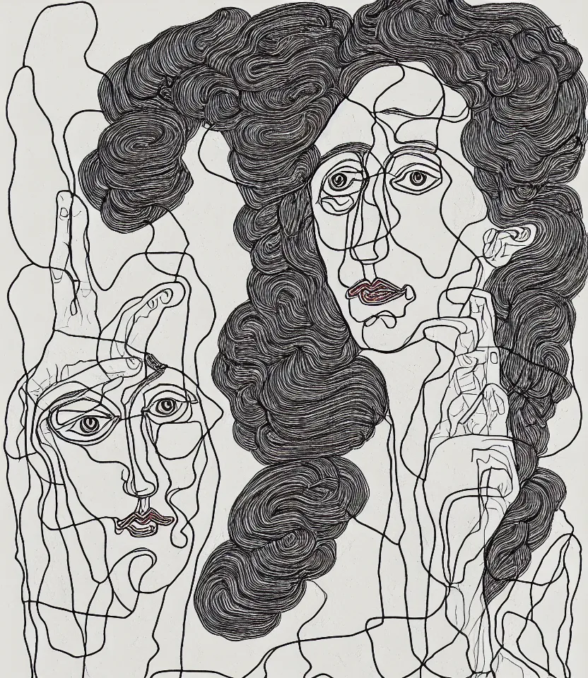 Image similar to detailed line art portrait of virginia woolf, inspired by egon schiele. caricatural, minimalist, bold contour lines, musicality, soft twirls curls and curves, confident personality, raw emotion