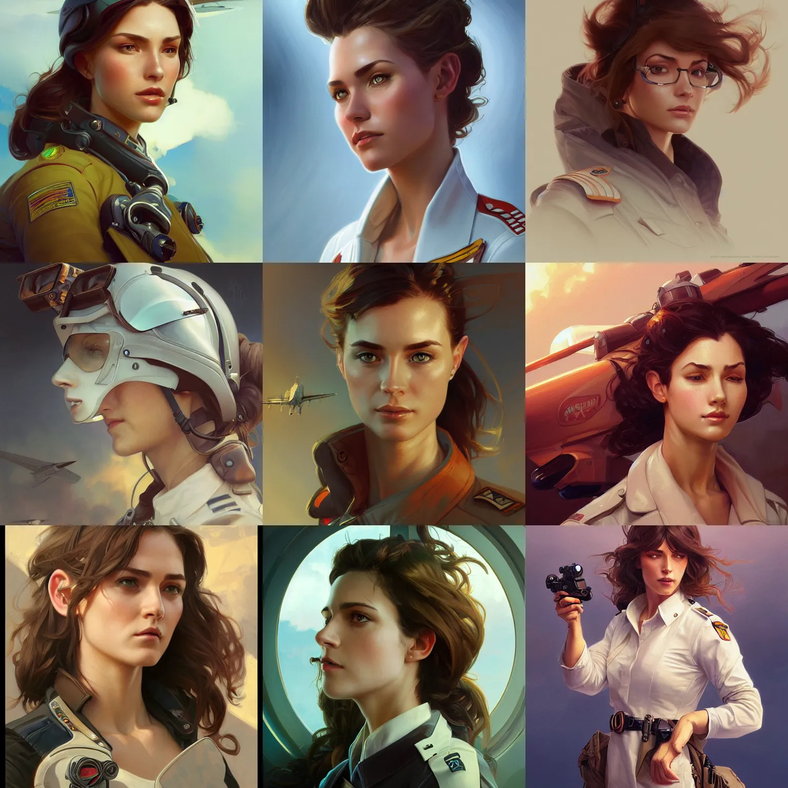 Image similar to female pilot, portrait, highly detailed, digital painting, artstation, concept art, sharp focus, illustration, art by artgerm and greg rutkowski and alphonse mucha