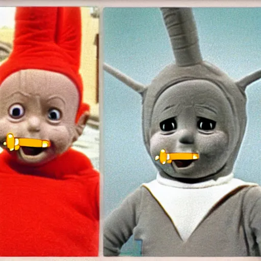 Prompt: conehead Teletubbies smoking cigarettes, vhs tape glitch