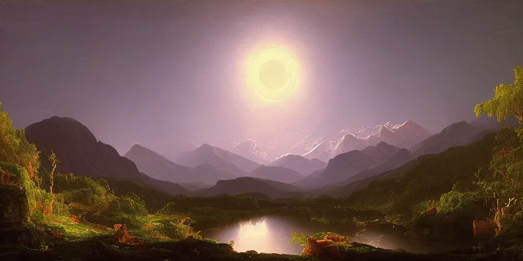 Prompt: a stunning painting of a mountain vista with a river flowing to a lake and forest, night time moonlight, by thomas cole, oil on canvas, highly detailed, 4 k, hd