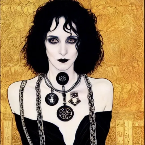 Image similar to death, a young and beautiful pale goth girl wearing a black vest and black punk hair, an ankh medallion hangs around her neck. the actress winona ryder, portrait by joshua middleton and gustav klimt, vertigo comic