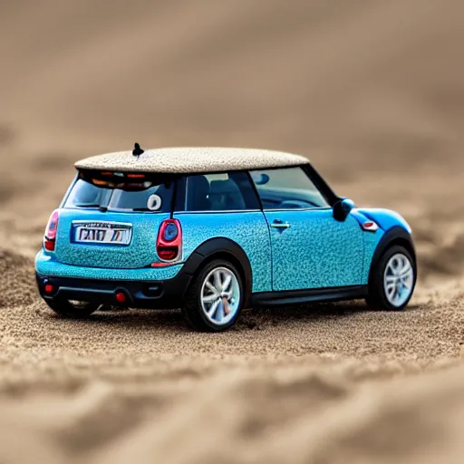 a photo of a miniature Mini Cooper car on a beach