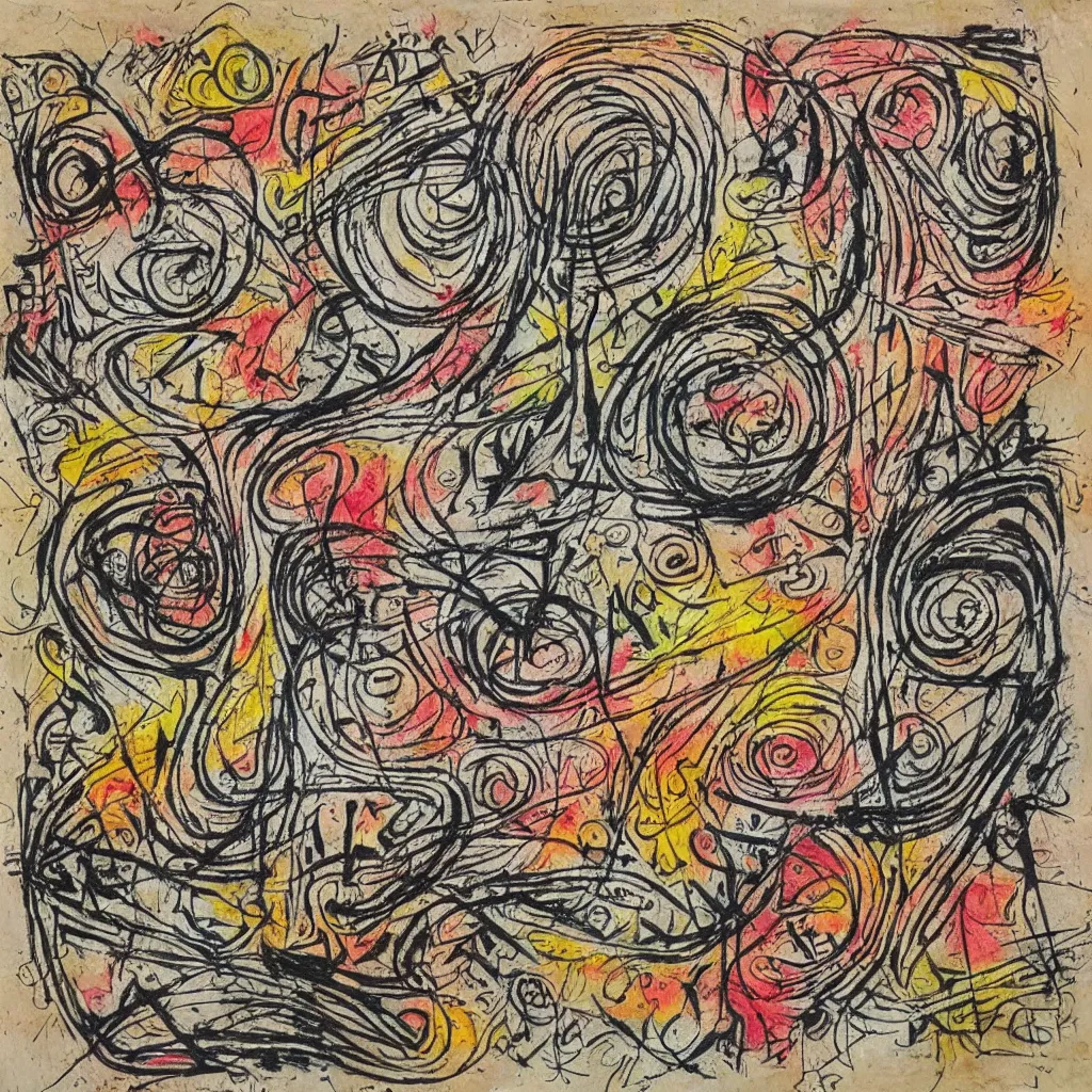 Image similar to hemp canvas with mixed media artwork, asemic writing, crayon lines, illegible rosicrucian symbols, ink flourishes, pencil marks, calligraphic poetry, tiny charcoal smudges, fragmented typography,