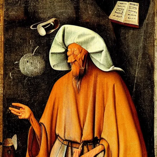Prompt: portrait of an old skinny wise wizard man in an ancient robe, art by hieronymus bosch