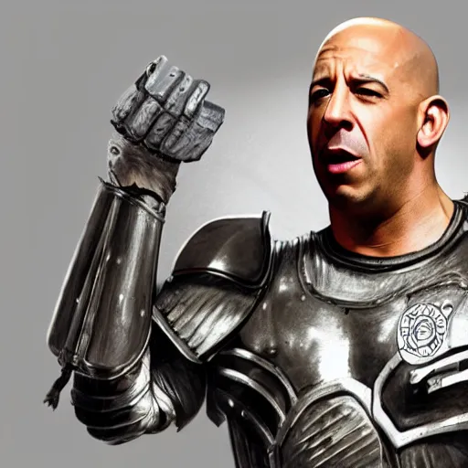 Prompt: highly detailed octane render of a close up portrait of Vin Diesel wearing a shirt and armour and screaming in a old school television