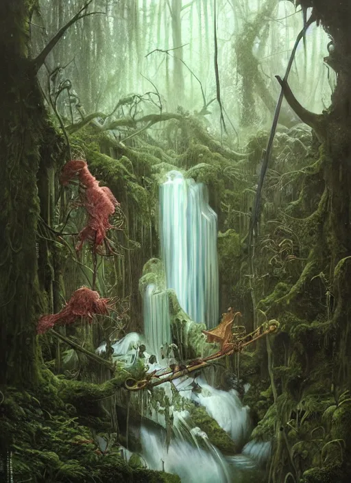 Image similar to a hyper realistic architectural witch shrine under a waterfall in the woods, gorgeous lighting, lush forest foliage, painting by chiara bautista and tom bagshaw, muca beksinski and norman rockwell and greg rutkowski weta studio, and lucasfilm