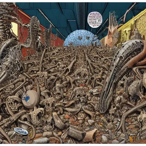 Image similar to an impossible nightmare beyond comprehension, very very detailed painting by geof darrow and greg rutowski and hr giger