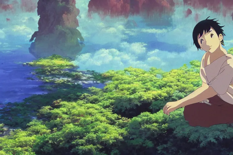 Prompt: painting of a dreamscape, a smiling bodhisattva in the foreground, otherworldly and ethereal by kazuo oga in the anime film by studio ghibli, screenshot from the anime film by makoto shinkai