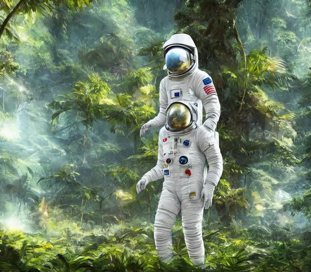 Image similar to modern scifi astronaut dressed in white suit is walking on the ground of a colorful tropical forest, dinosaurs in forest, style by blizzard concept artists