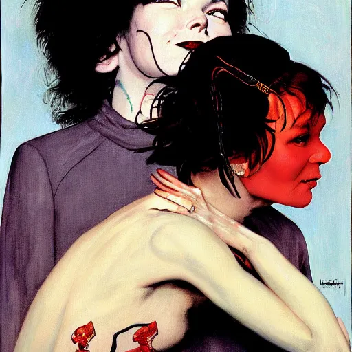 Image similar to a portrait painting of bjork and satan. Painted by Norman Rockwell