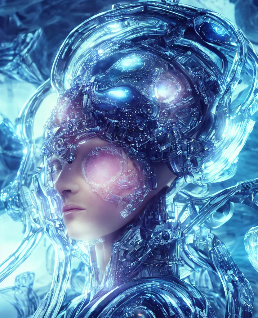 Image similar to epic futuristic ancient close-up macro portrait of the face of a beautiful princess, epic angle and pose, symmetrical artwork, 3d with depth of field, blurred background, cybernetic jellyfish crystal, obsidian, female face skull phoenix bird, translucent, nautilus, energy flows of water and fire. a highly detailed epic cinematic concept art CG render. made in Maya, Blender and Photoshop, octane render, excellent composition, cinematic dystopian brutalist atmosphere, dynamic dramatic cinematic lighting, aesthetic, very inspirational, arthouse. y Greg Rutkowski, Ilya Kuvshinov, WLOP, Stanley Artgerm Lau, Ruan Jia and Fenghua Zhong