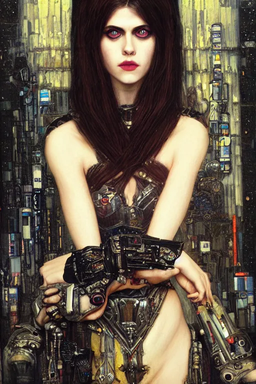 Image similar to portrait of beautiful gothic Alexandra Daddario, cyberpunk, Warhammer, highly detailed, artstation, illustration, art by Gustav Klimt