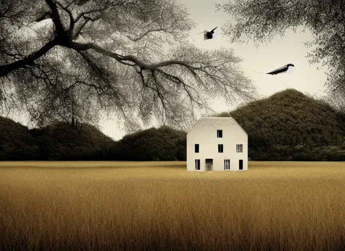 Prompt: realistic documentary landscape photo a big white birds house made of branches wooden branches nest, in a grass field near the river, neutral colors, 2 0 0 8, life magazine national geographic reportage photo