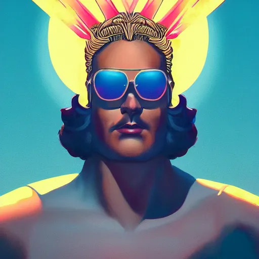 Prompt: beautiful andreas rocha vintage art deco synthwave glamor illustration of greek god zeus, wearing sunglasses and a laurel wreath, 80s nostalgia, laser lightning, featured on artstation 8k hq