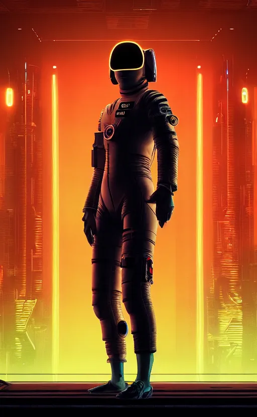 Image similar to professional photo of astronaut from front standing very close to camera from low angle shot, cyberpunk, synthwave, blade runner, hyperrealistic masterpiece, trending on artstation, cgsociety, kodakchrome, golden ratio, cinematic, composition, beautiful lighting, hyper detailed, sharp focus, octane render, 4 k, unreal engine