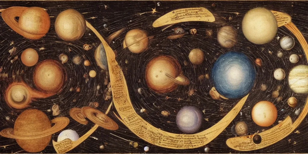 Image similar to the creation of the universe, planets and stars, in the style of leonardo da vinci