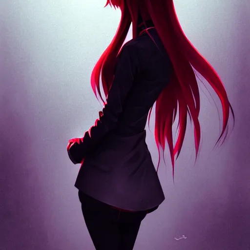 Image similar to seductive female dullahan, in the rain, highly detailed, painting, dark red and black color palette, intricate, high quality anime artstyle, in the style of ilya kuvshinov