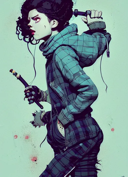 Image similar to highly detailed portrait of a sewer punk lady, tartan hoody, ringlet hair by atey ghailan, by greg rutkowski, by greg tocchini, by james gilleard, by joe fenton, by kaethe butcher, gradient light blue, black, cream and white color scheme, grunge aesthetic!!! ( ( graffiti tag wall background ) )