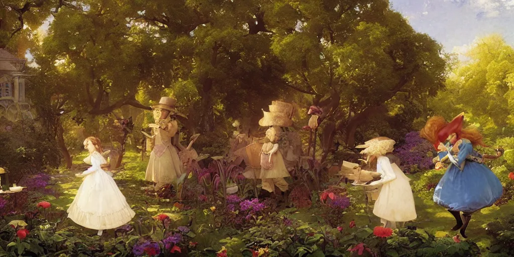 Image similar to alice in wonderland in the garden, john tenniel, normal rockwell, craig mullins, david curtis, carl spitzweg, morgan weistling, chris foss