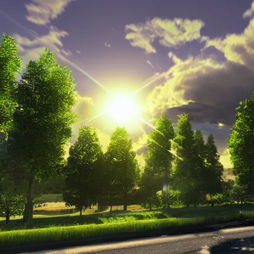Image similar to green hill with fake clouds and fake sun, cloned houses, day, 8k, realistic, high details, volumetric light