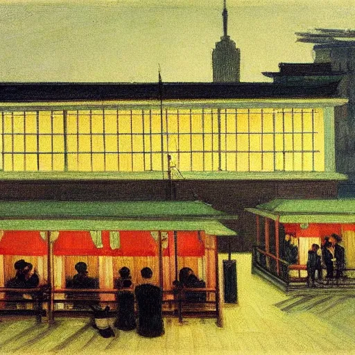 Image similar to a small rooftop with company of people sitting, shanghai bund is on the background, night, by edward hopper