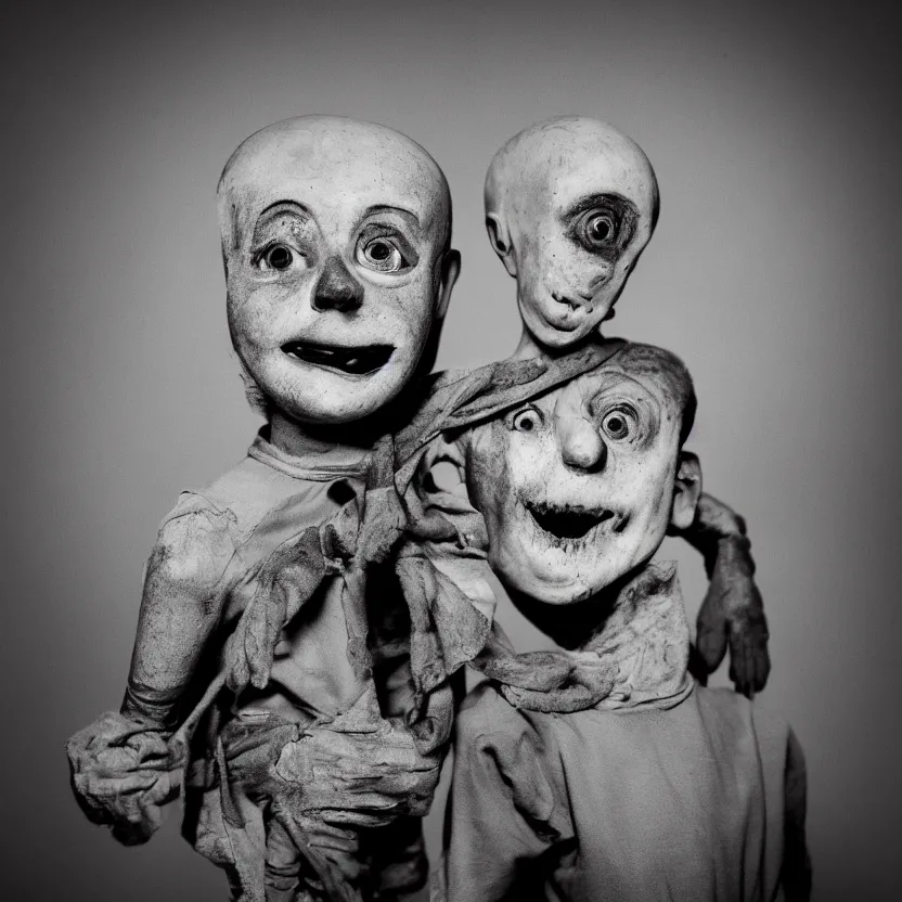 Image similar to creepy ventriloquist dummy in the style of roger ballen, 4 k, bw, portrait