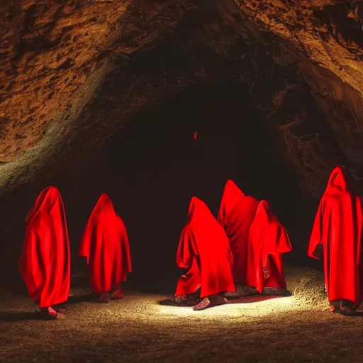 Prompt: A group of red hooded cultist in a cave, being back lit by a lantern. Dark, ambient, eldritch, 8k, hyper realistic.