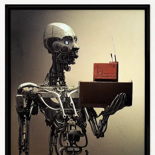 Prompt: A cyborg holding a cardboard box full of desk items at a desk by Beksinski