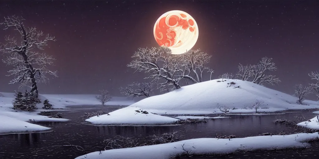 Prompt: painting a snowy landscape under the blood moon, decorated, intricate, elegant, highly detailed, digital painting, artstation, concept art, smooth, sharp focus, illustration, art by gerald brom, 8 k