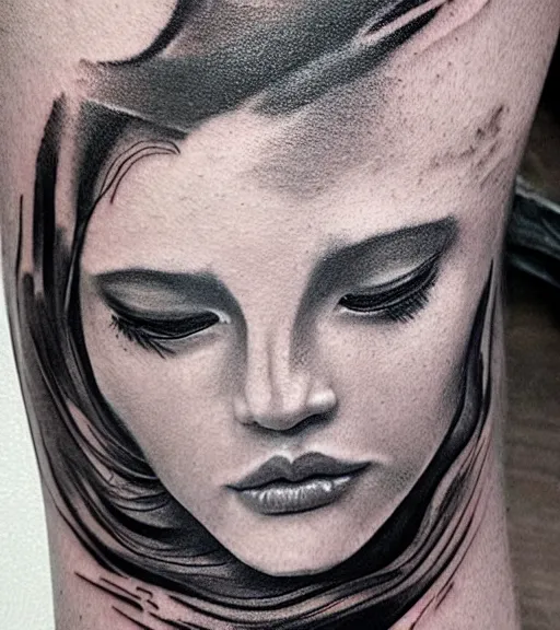 Image similar to tattoo design sketch of an extremely beautiful woman face with a faded background of beautiful mountains on her side, hyper - realistic, in the style of matteo pasqualin, amazing detail, black and white, faded