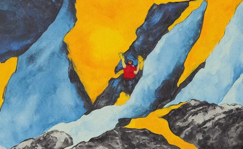 Prompt: Captain Kirk is climbing a mountain; why is he climbing a mountain? To hug the mountain To envelop...that mountain, abstract painting, subtle and emotional and physical