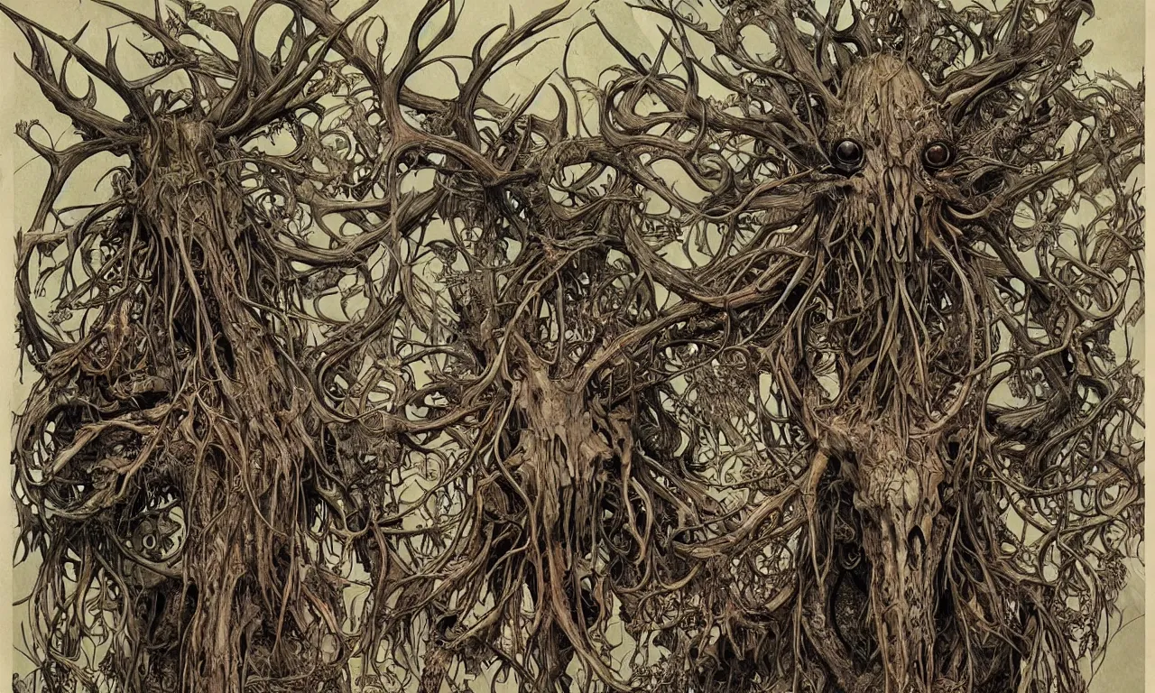 Image similar to hyperdetailed art nouveau portrait of treebeard as a cthulhu eyeball moose skull wendigo cryptid monster, by geof darrow, simon bisley and bill sienkiewicz, grim yet sparkling atmosphere, photorealism, claws, skeleton, antlers, fangs, forest, wild, crazy, horror, lynn varley, lovern kindzierski, steve oliff