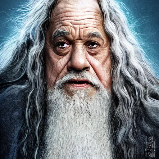 Image similar to ultra realistic illustration of danny devito as gandalf the white from lord of the rings the return of the king, full body, high quality, highly detailed, wide angle, illustration, digital art, full color