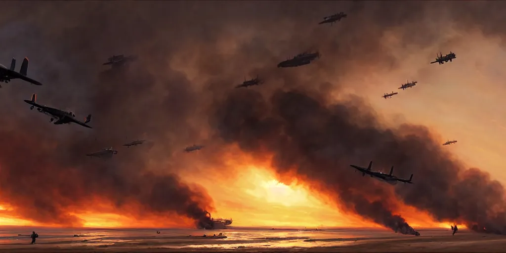 Image similar to the normandy!!!!! landings, d - day, 1 9 4 5, sunset, chaos!!!, smoke, fire, soldiers charging in, airplanes bombing the beach, destroyed tanks, highly detailed, wide shot, sadness, cinematic, ultra realistic!!!, ray tracing, by greg rutkowski