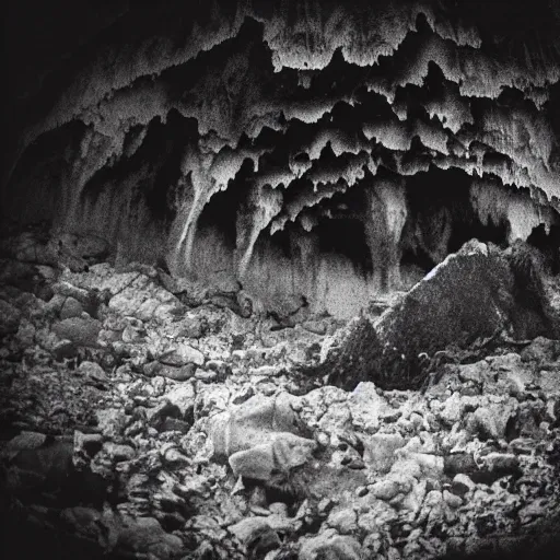 Image similar to a cave with a tsunami coming towards you, creepy, eerie, unsettling, terrifying, jagged rocks, dark, grainy, noisy, slightly blurry, polaroid, deep!!!!!, dark!!!