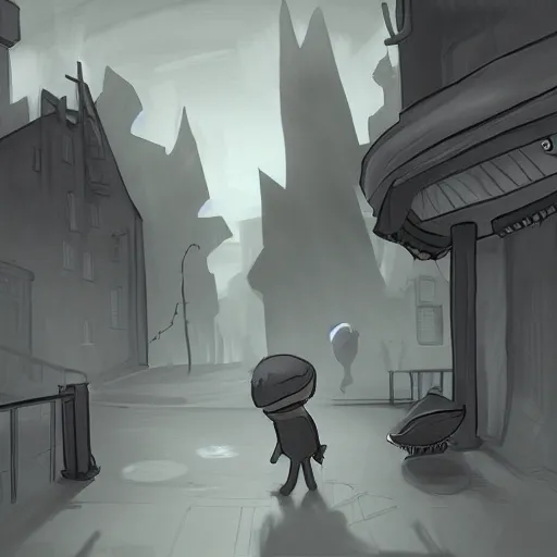 Prompt: city concept art inspired by the game little nightmares and limbo
