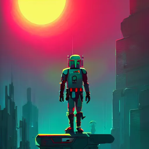 Prompt: cyberpunk boba fett in a scenic environment, cyberpunk style, artwork by anton fadeev