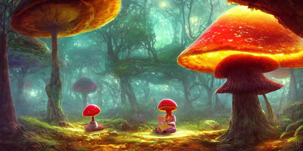 Image similar to ”cute child reading a book, giant mushroom houses in a mysterious fantasy forest, [bioluminescense, flowers, art by wlop and paul lehr, cinematic, colorful]”