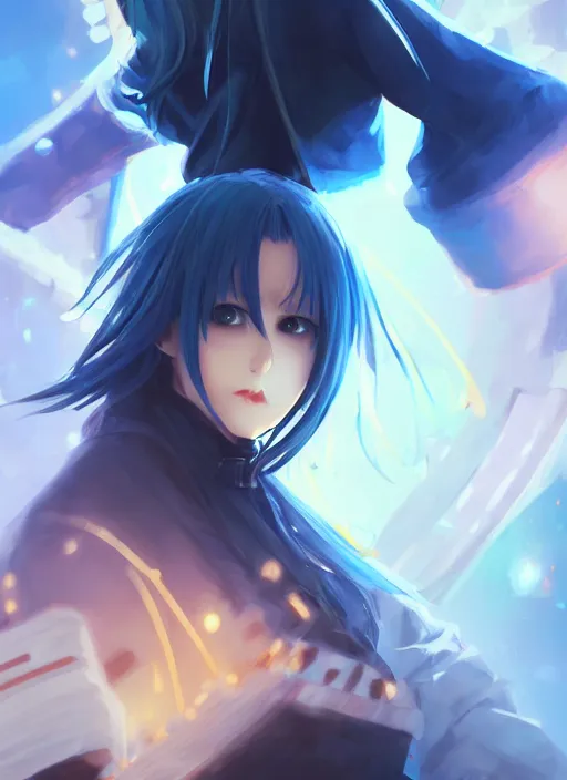 Image similar to rimuru playing chess, with golden eyes, straight sky blue hair, long bangs, black jacket, high collar, concept art, award winning photography, digital painting, cinematic, by wlop, anime key visual, wlop, 8 k, by ross tran, chengwei pan, paul kwon,