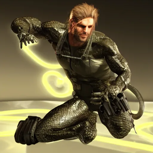 Image similar to realistic, snake from metal gear, with glowing neon eyes, finely detailed, 4 k, photorealistic, cycles engine,