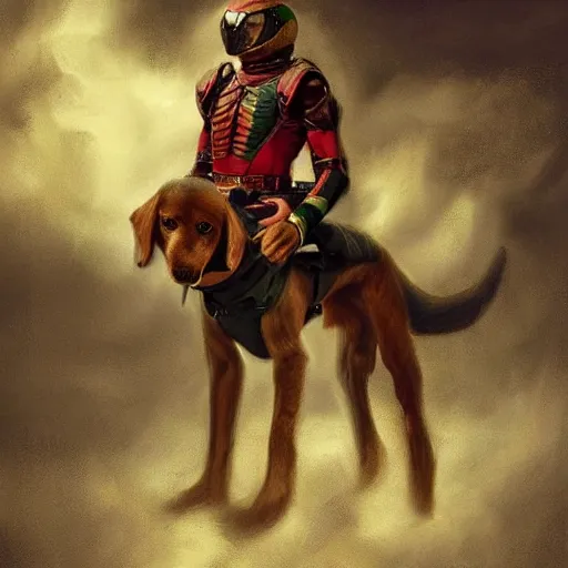Image similar to a realistic painting by Raffaello Sanzi depicting the Kamen Rider Dog in the Renaissance,smooth,Sharp focus, trending on Artstation.