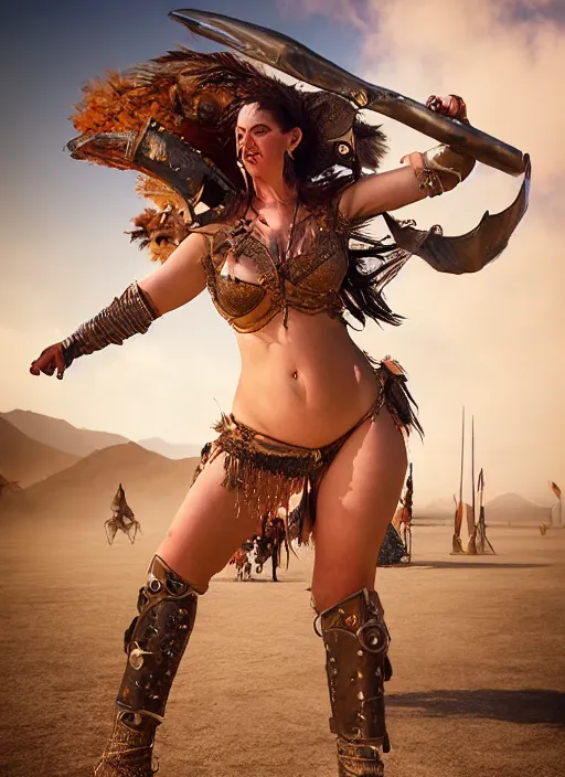 Image similar to hyper realistic photography of burningman pagan medieval festival warrior curvy partygirl cinematic, vallejo, julie bell, craig mullins greg rutkowski,