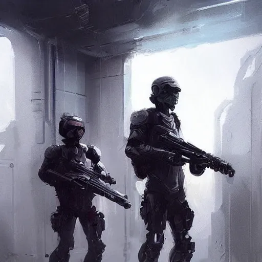 Prompt: concept art by greg rutkowski, soldiers wearing futuristic white and black tactical gear, shooting monsters made of reddish ooze, brutalist futuristic interior, dim lighting, detailed portraits, nostalgic atmosphere, scifi, digital painting, artstation, concept art, smooth, sharp foccus ilustration, artstation hq