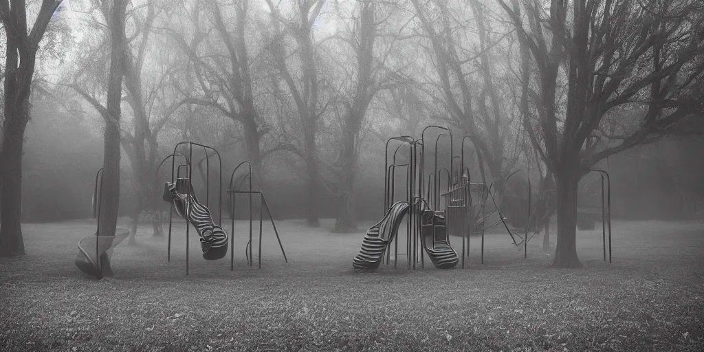 Image similar to foggy spooky play ground with swings and slides at night, dark, haunted by ghosts of children, black and white photography, ISO 1600, low shutterspeed, kyle thompson photography
