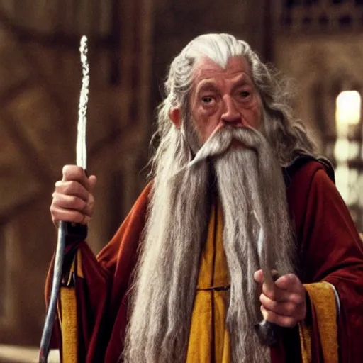 Image similar to still of gandalf as a gryffindor student in harry potter