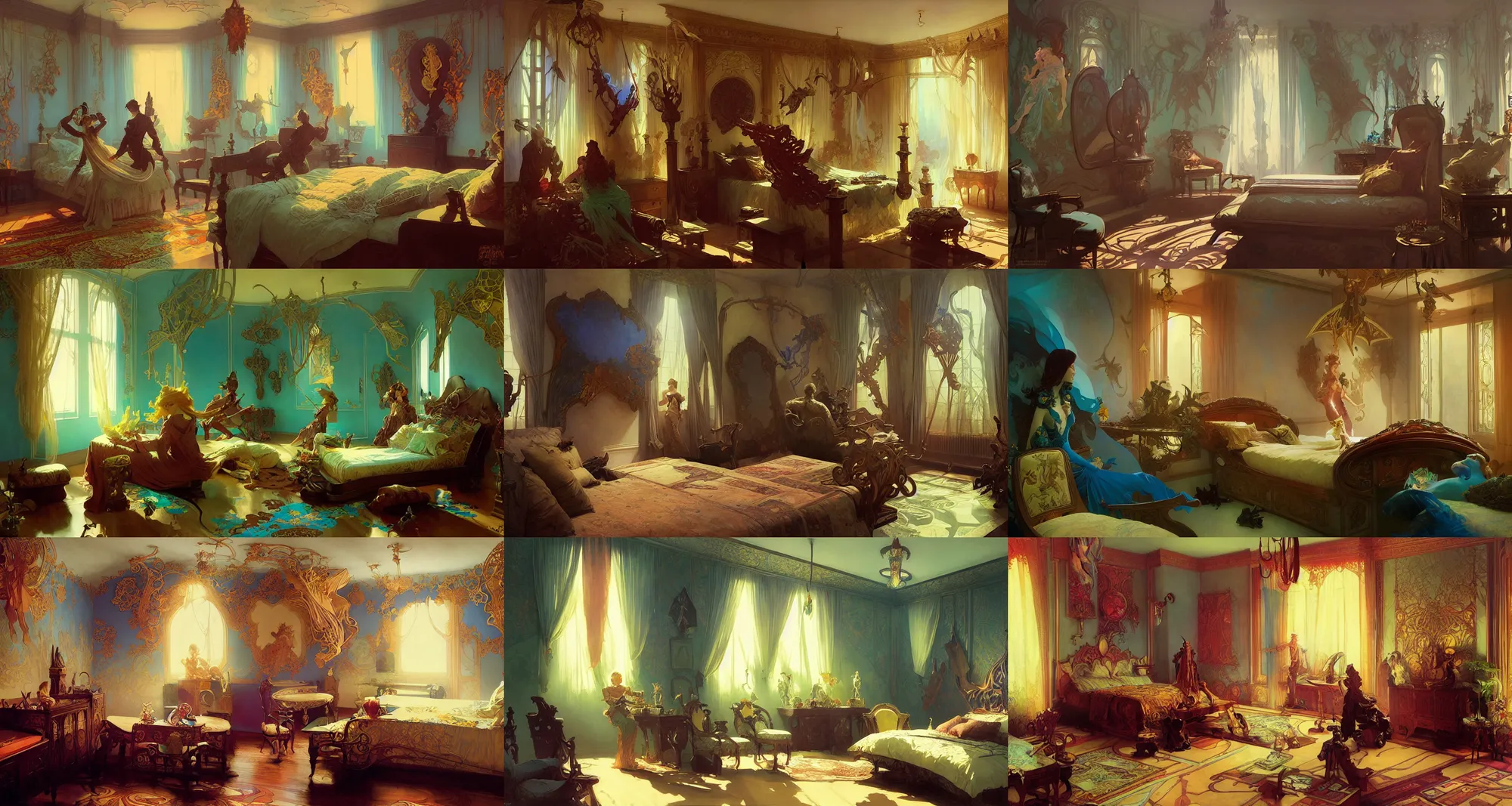 Prompt: bedroom, art nouveau, fantasy, art by joseph leyendecker, peter mohrbacher, ivan aivazovsky, ruan jia, reza afshar, marc simonetti, alphonse mucha