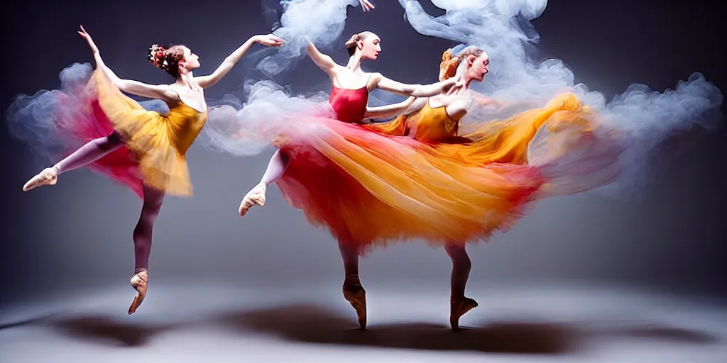 Prompt: realistic photography of dancers with long gorgeous clothes , renaissance epic scene . Fluidity, elegance, beauty, colorful smoke in the stage. high details. by CHRISTY LEE ROGERS