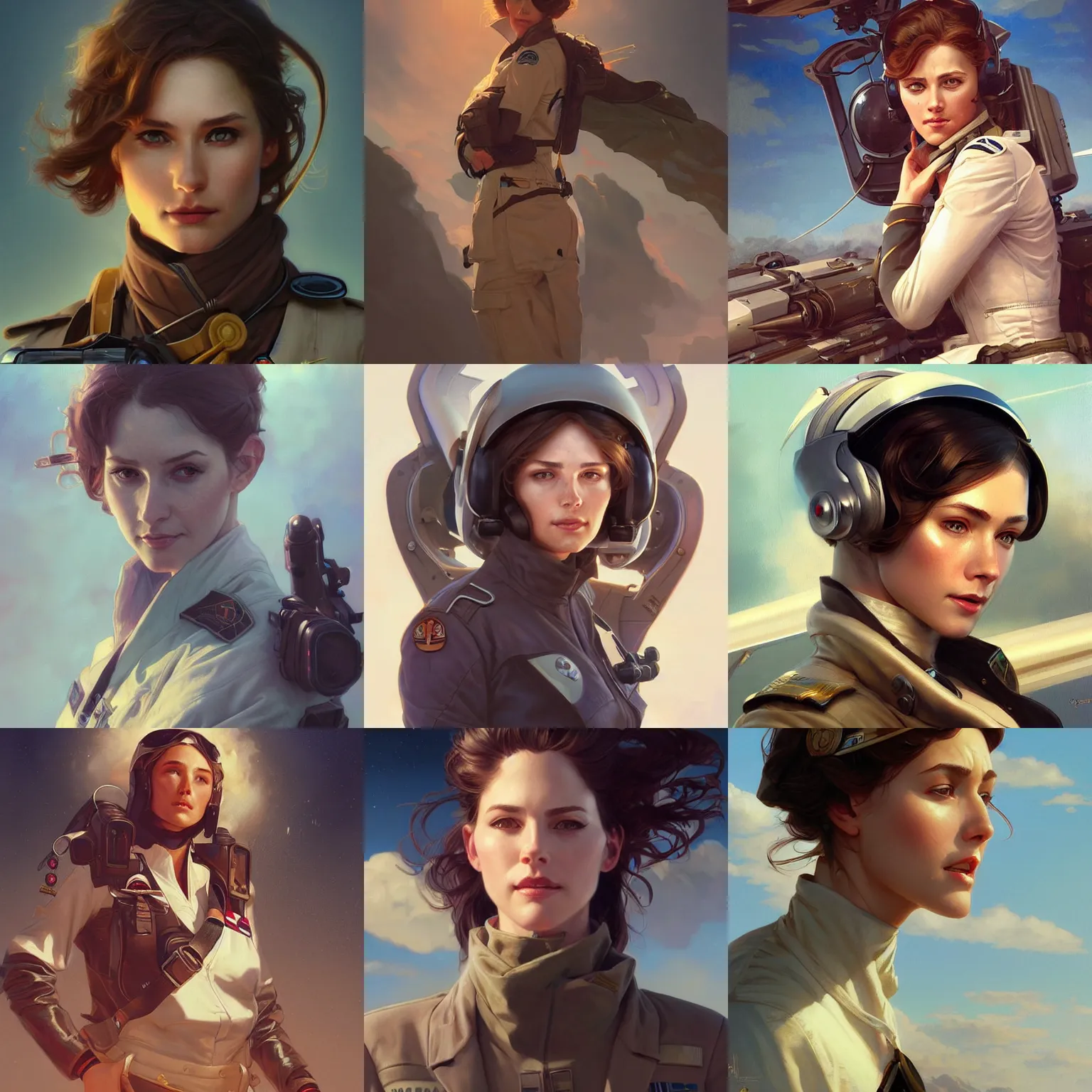 Image similar to female pilot, portrait, highly detailed, digital painting, artstation, concept art, sharp focus, illustration, art by artgerm and greg rutkowski and alphonse mucha