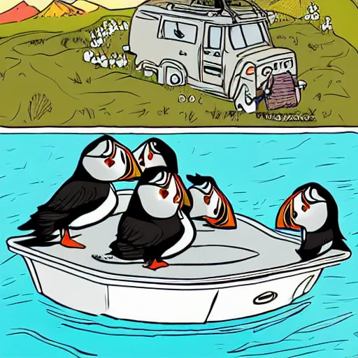 Prompt: a family of puffins traveling through iceland in a van, comic style